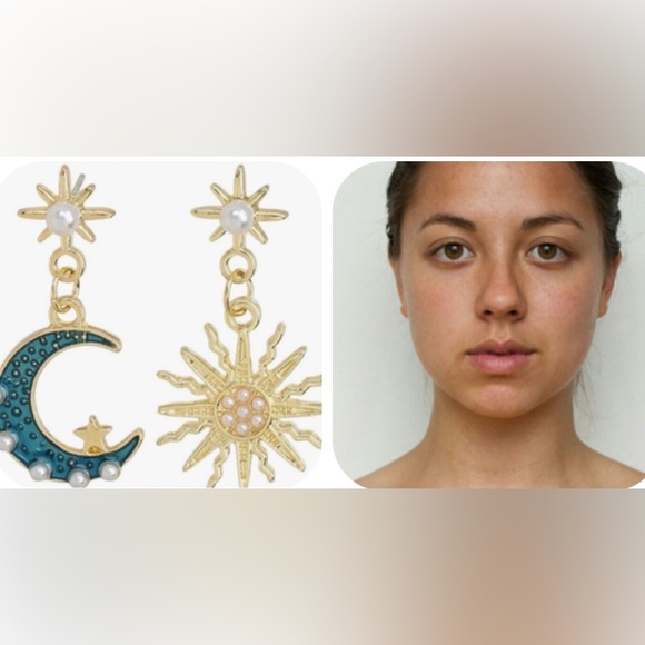 Gold Moon And Star Blue Mismatched Drop Earrings - Picture 12 of 12